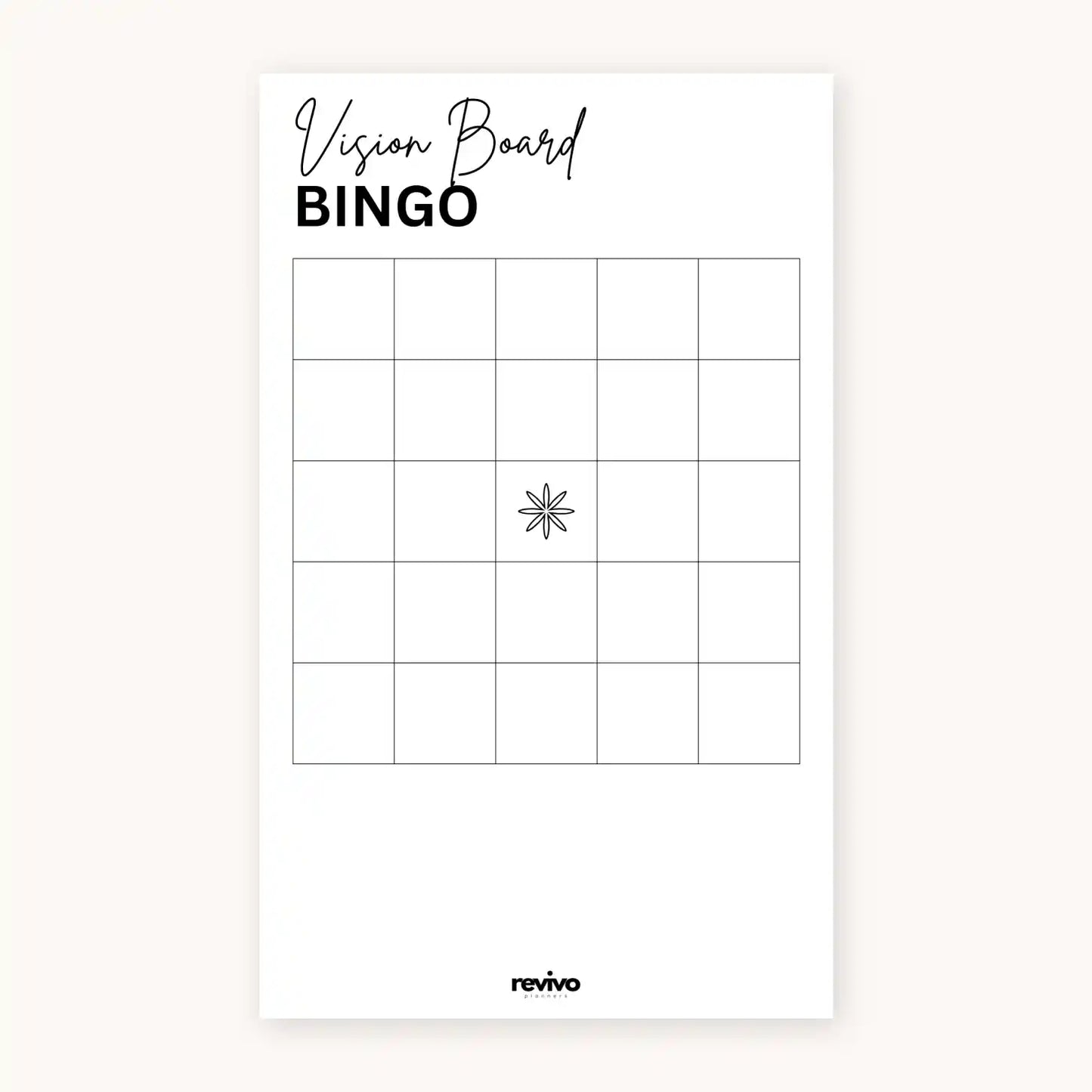 Vision Board Bingo sheet by Revivo Planners with grid and star symbol on a white background