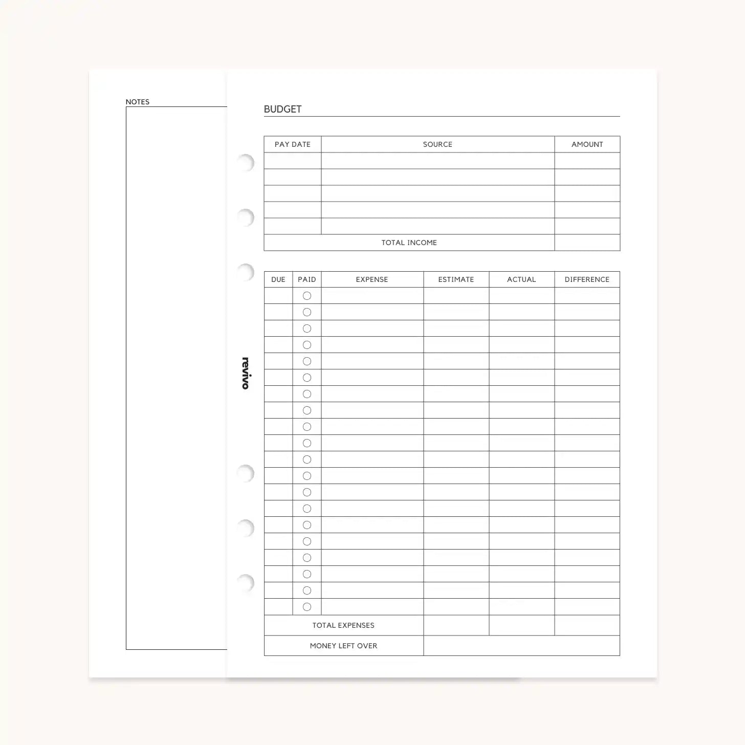 Reusable budgeting planner sheet with structured sections for tracking income, expenses, and savings, plus a blank notes page on the back for extra flexibility.