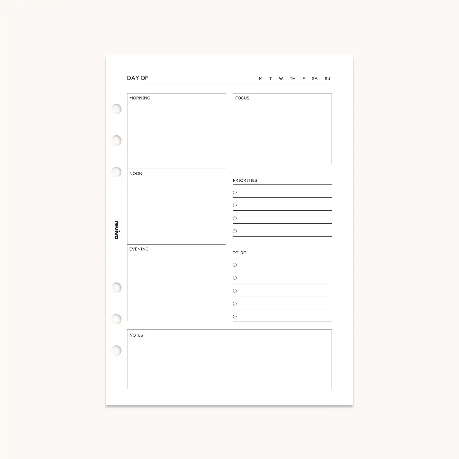 Undated daily planner refill page with sections for morning, noon, evening, focus, priorities, to-do list, and notes, designed for A5 reusable planners by Revivo Planners.