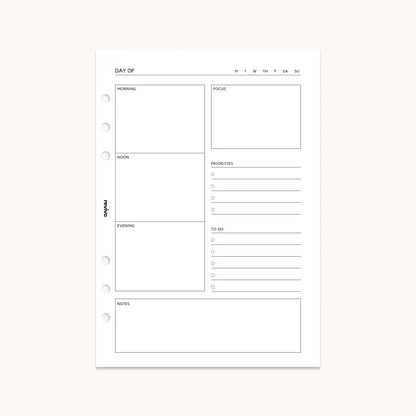 Undated daily planner refill page with sections for morning, noon, evening, focus, priorities, to-do list, and notes, designed for A5 reusable planners by Revivo Planners.