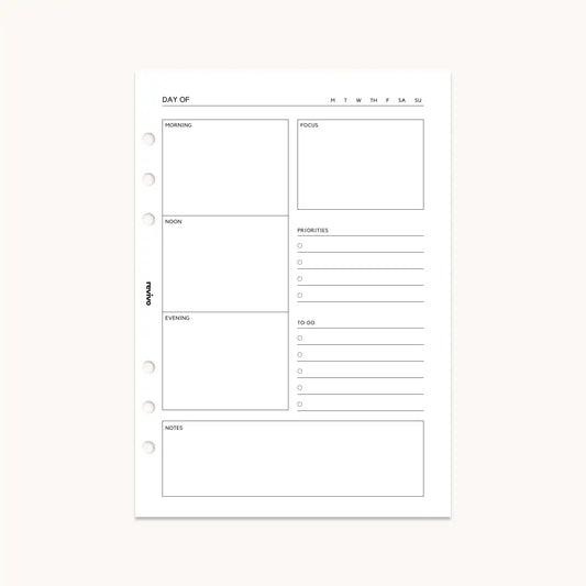 Undated daily planner refill page with sections for morning, noon, evening, focus, priorities, to-do list, and notes, designed for A5 reusable planners by Revivo Planners.