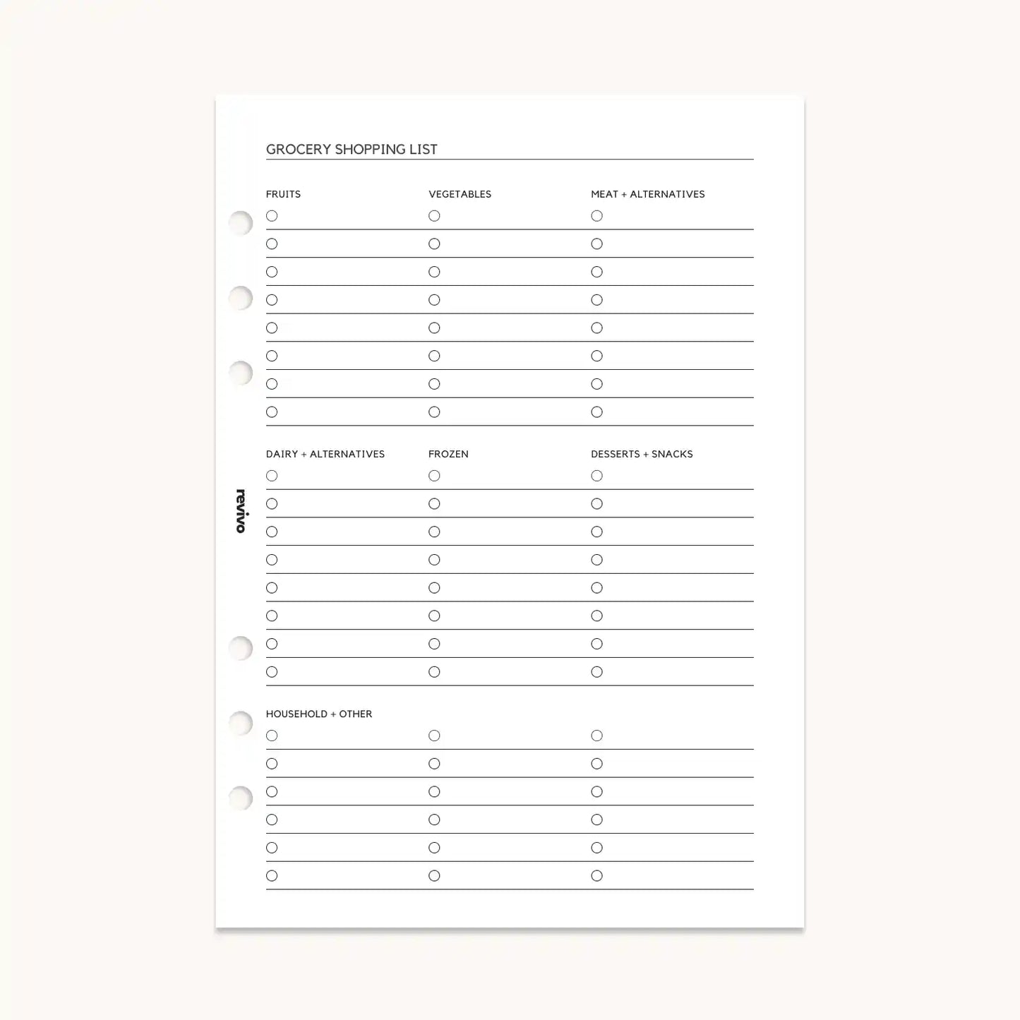 Reusable grocery shopping list planner refill page featuring categorized sections for fruits, vegetables, meat, dairy, frozen items, desserts, and snacks with additional notes space, designed for A5 planners by Revivo Planners.