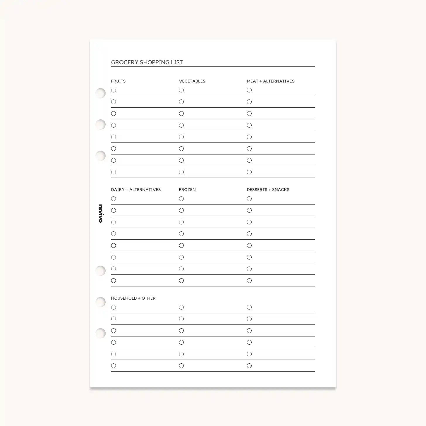 Reusable grocery shopping list planner refill page featuring categorized sections for fruits, vegetables, meat, dairy, frozen items, desserts, and snacks with additional notes space, designed for A5 planners by Revivo Planners.