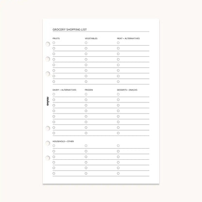 Reusable grocery shopping list planner refill page featuring categorized sections for fruits, vegetables, meat, dairy, frozen items, desserts, and snacks with additional notes space, designed for A5 planners by Revivo Planners.