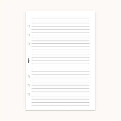 Reusable lined planner refill page with clean, minimalist design for A5 planners, featuring pre-punched holes for easy organization and smooth writing.