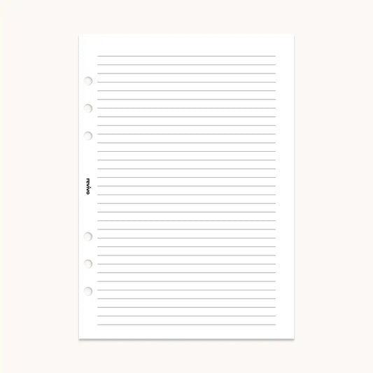 Reusable lined planner refill page with clean, minimalist design for A5 planners, featuring pre-punched holes for easy organization and smooth writing.