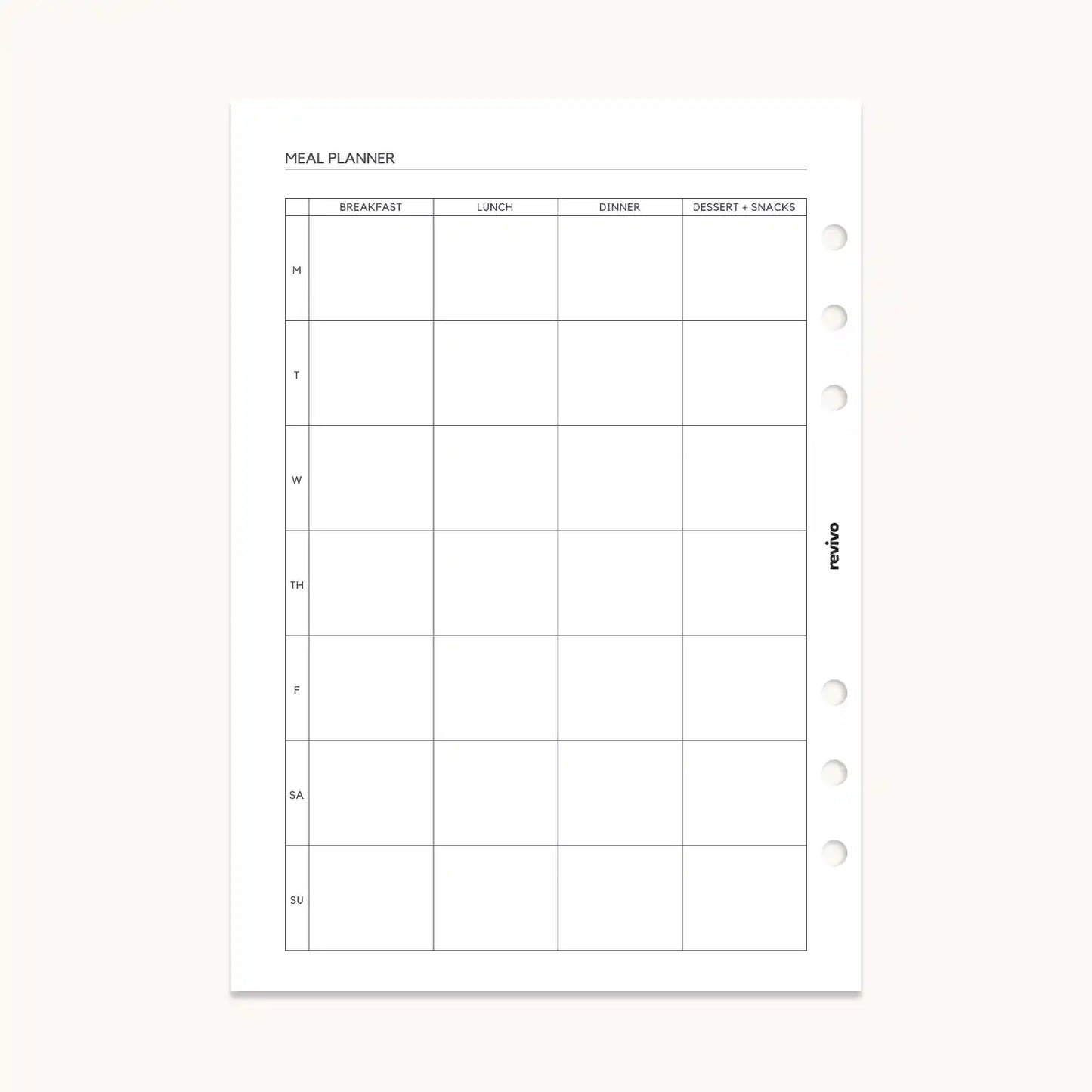 A minimalistic meal planner page featuring a weekly grid for planning meals with sections for breakfast, lunch, dinner, and desserts & snacks.