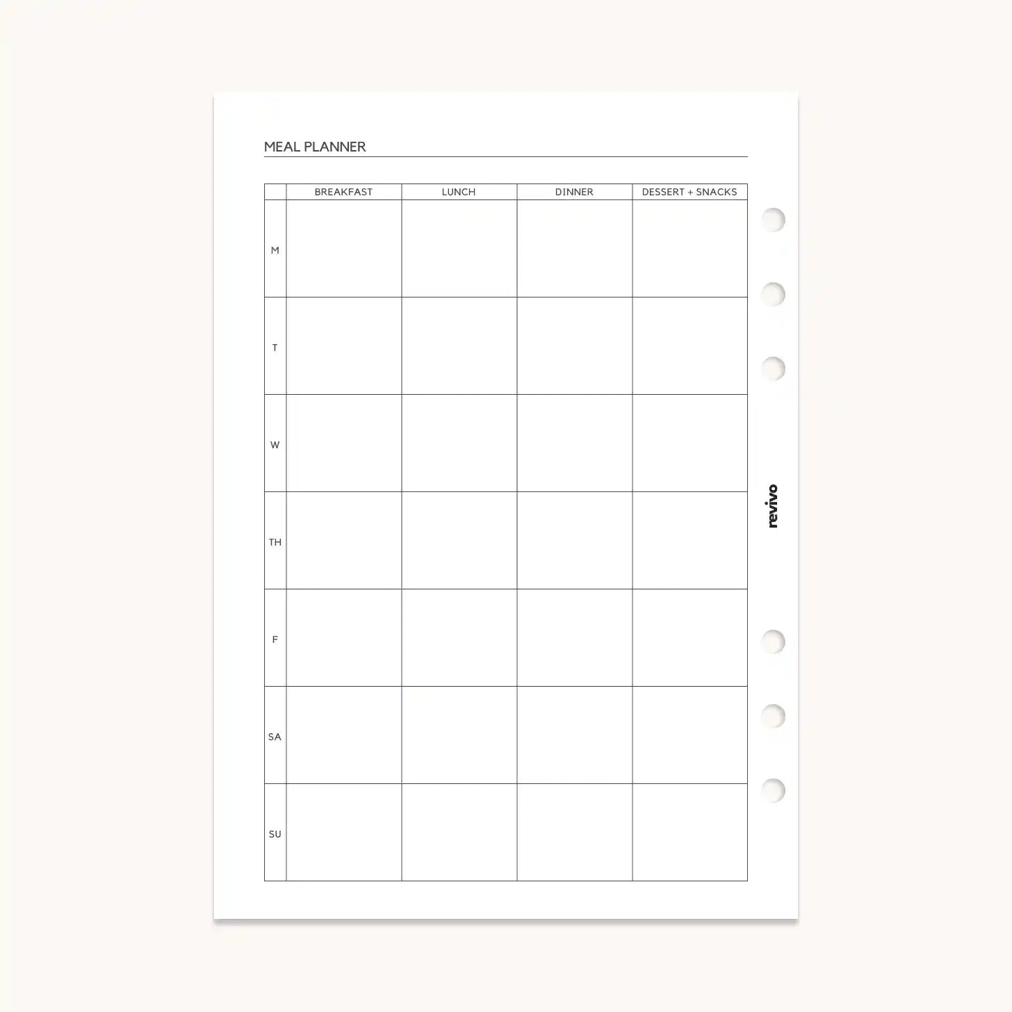 A minimalistic meal planner page featuring a weekly grid for planning meals with sections for breakfast, lunch, dinner, and desserts & snacks.