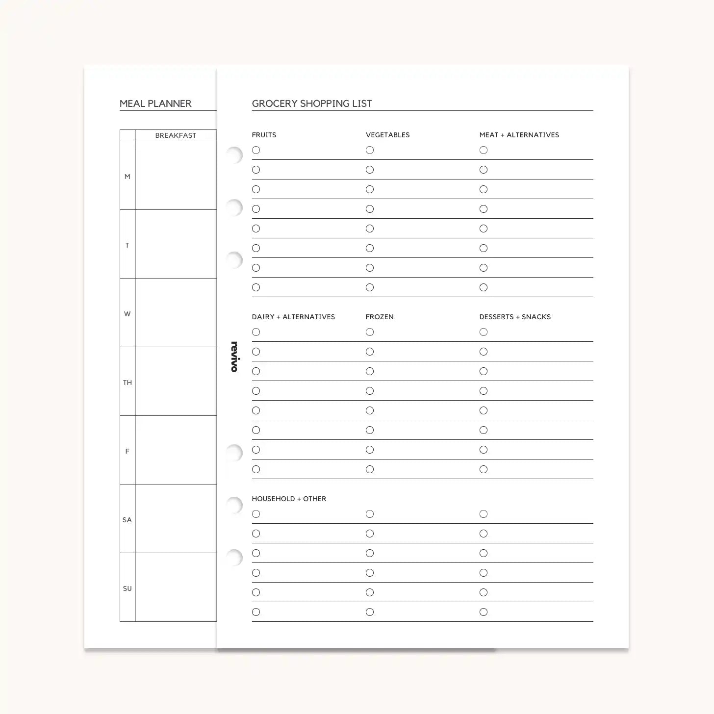 Reusable planner pages—a meal planner page alongside a grocery shopping list, with clear sections for categorized items such as fruits, vegetables, and pantry essentials.