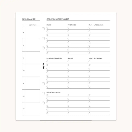 Reusable planner pages—a meal planner page alongside a grocery shopping list, with clear sections for categorized items such as fruits, vegetables, and pantry essentials.