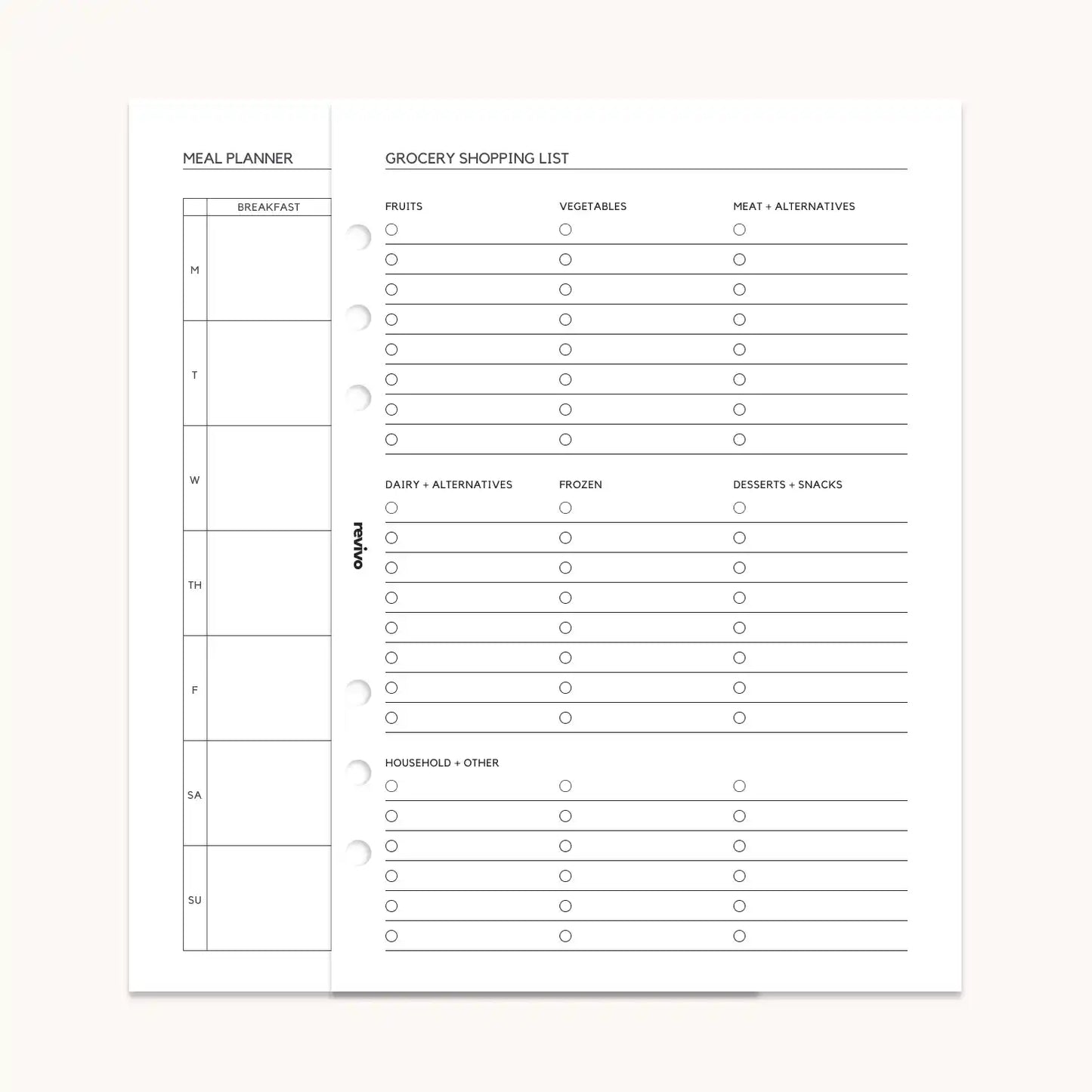 Open planner displaying a meal planner page alongside a grocery shopping list, with clear sections for categorized items such as fruits, vegetables, and pantry essentials.