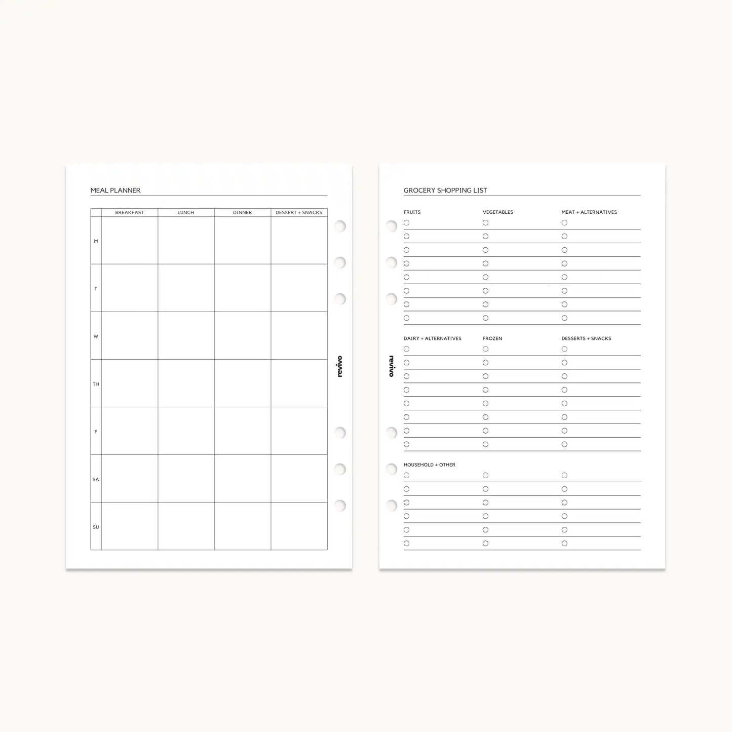 Open planner displaying a meal planner page alongside a grocery shopping list, with clear sections for categorized items such as fruits, vegetables, and pantry essentials.