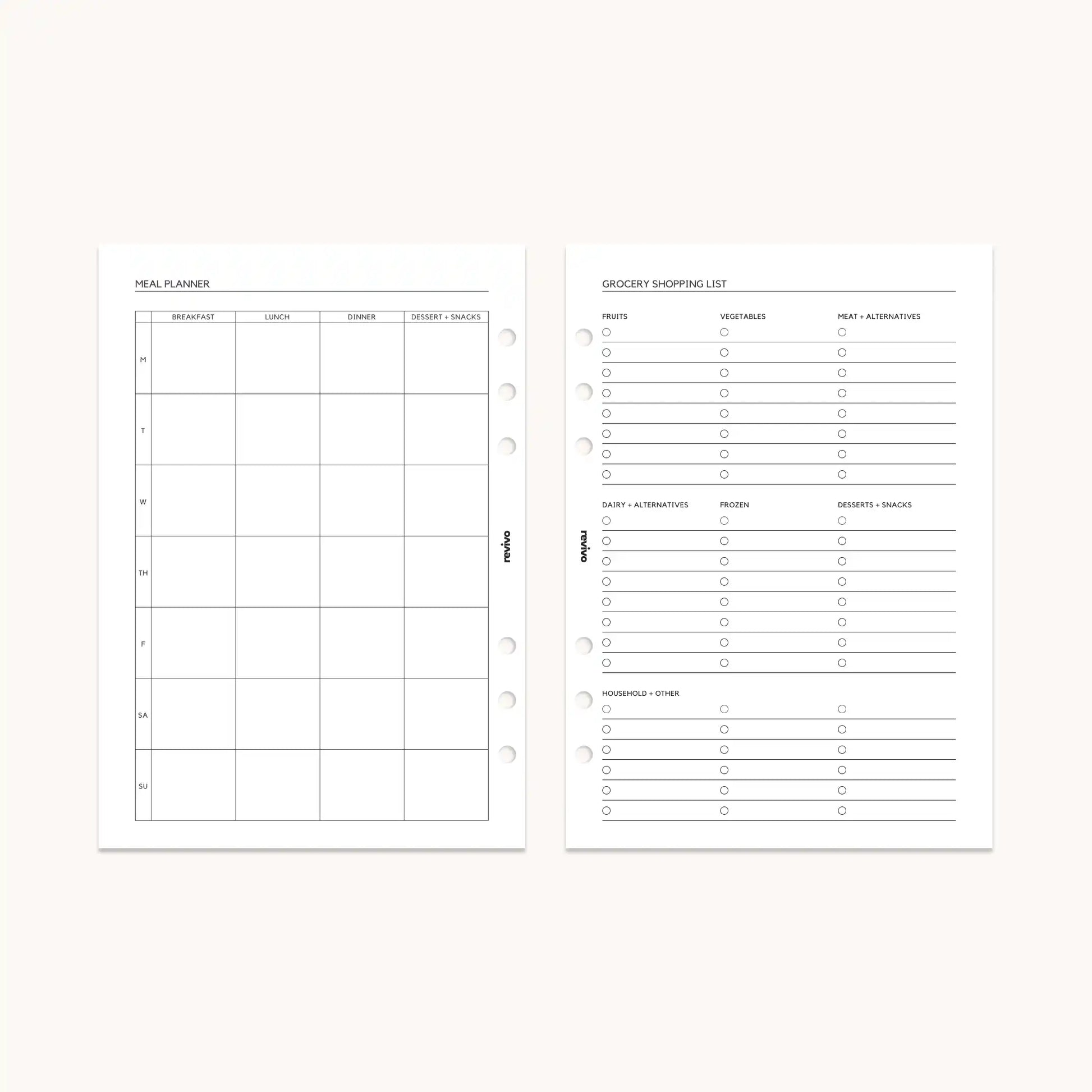 Open planner displaying a meal planner page alongside a grocery shopping list, with clear sections for categorized items such as fruits, vegetables, and pantry essentials.