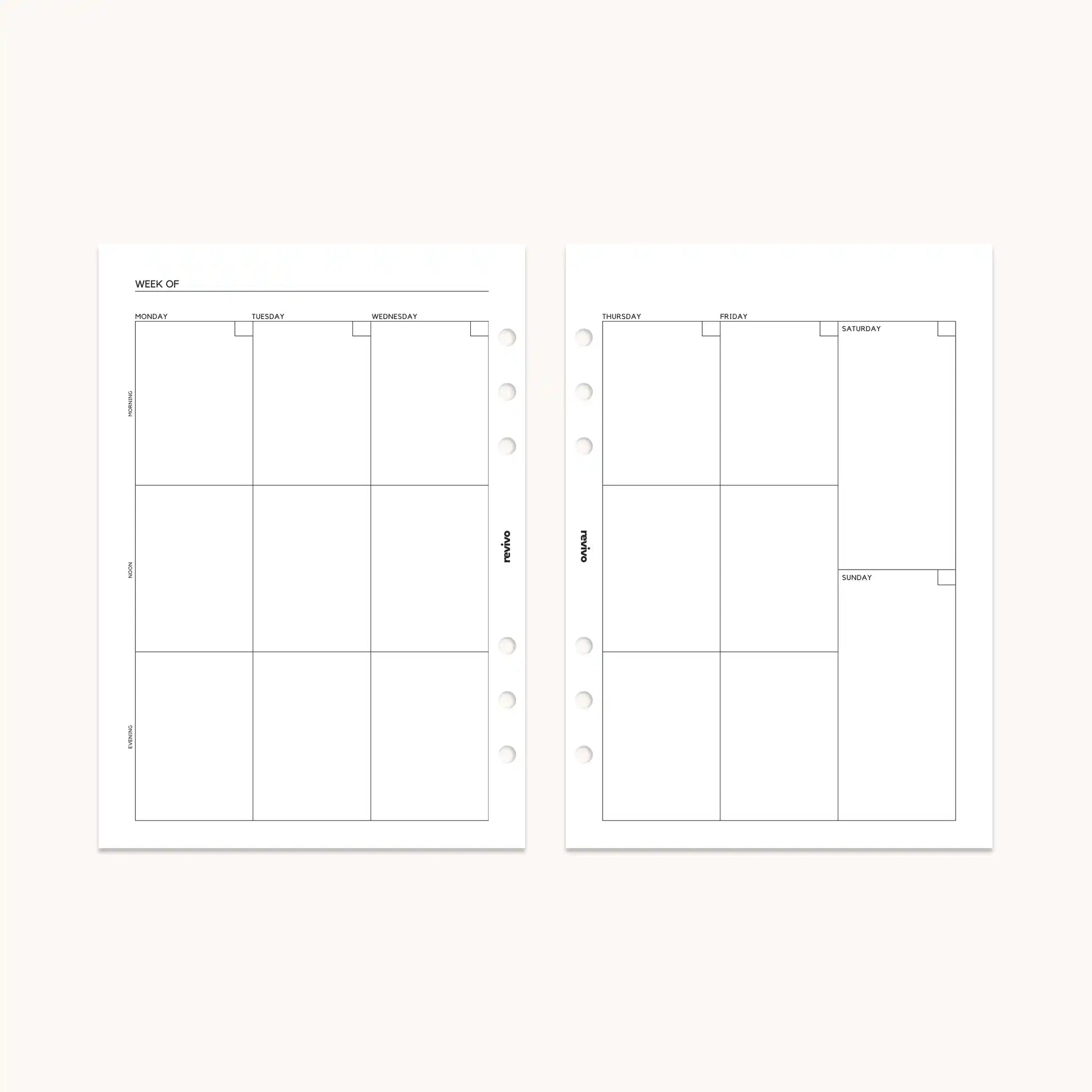 Weekly calendar page in a planner showing a spacious layout with columns for each day of the week, perfect for planning appointments and tasks.