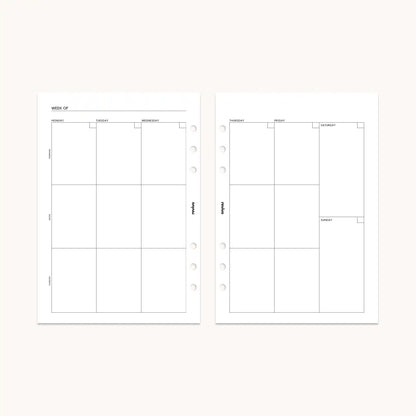 Weekly calendar page in a planner showing a spacious layout with columns for each day of the week, perfect for planning appointments and tasks.