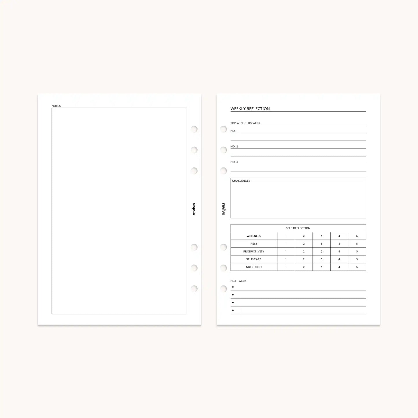 Two reusable daily planner pages — a blank notes page on the left and a structured weekly reflection page on the right, with prompts for reviewing accomplishments and setting improvements.