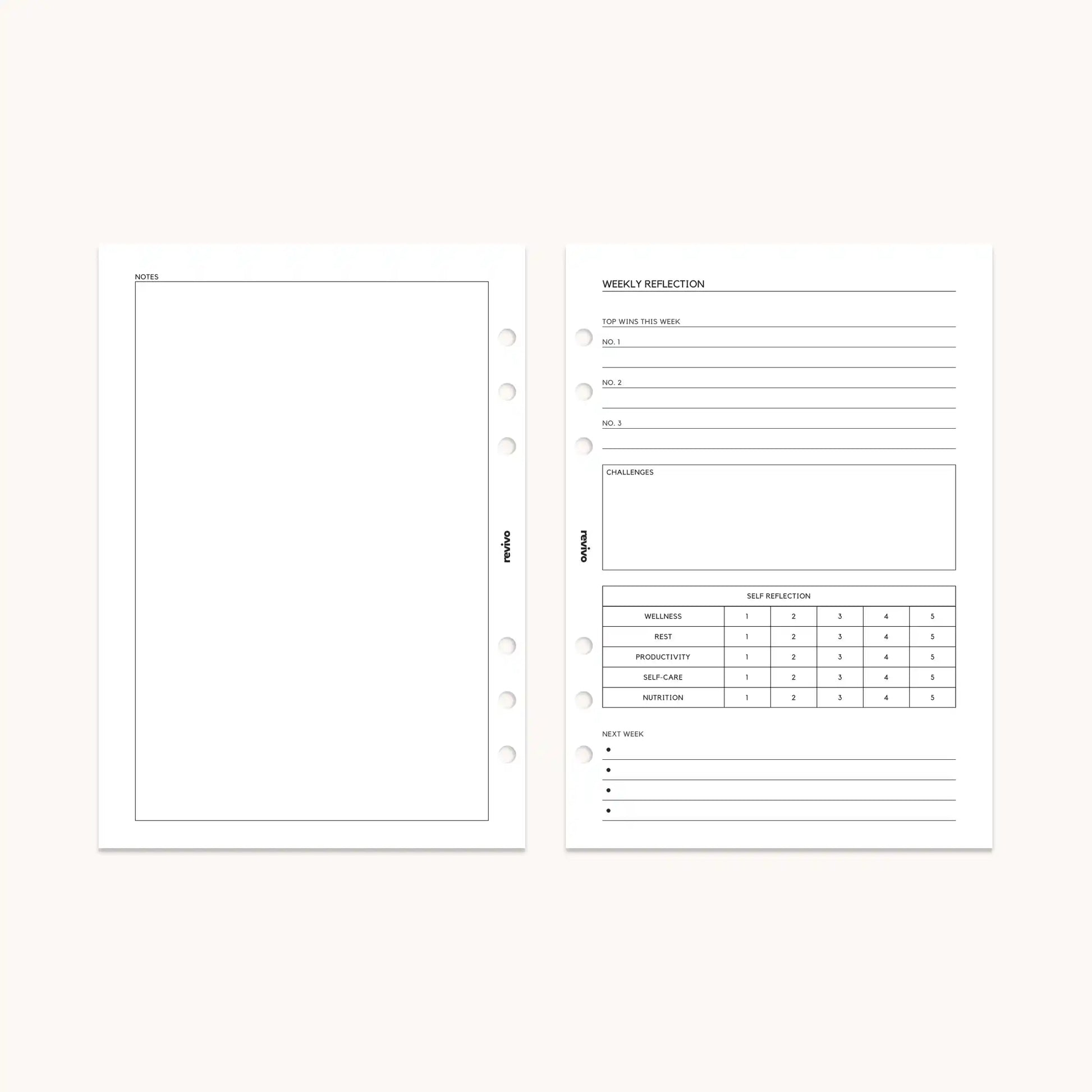 Two reusable daily planner pages — a blank notes page on the left and a structured weekly reflection page on the right, with prompts for reviewing accomplishments and setting improvements.