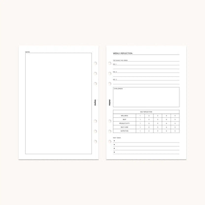 Two reusable daily planner pages — a blank notes page on the left and a structured weekly reflection page on the right, with prompts for reviewing accomplishments and setting improvements.