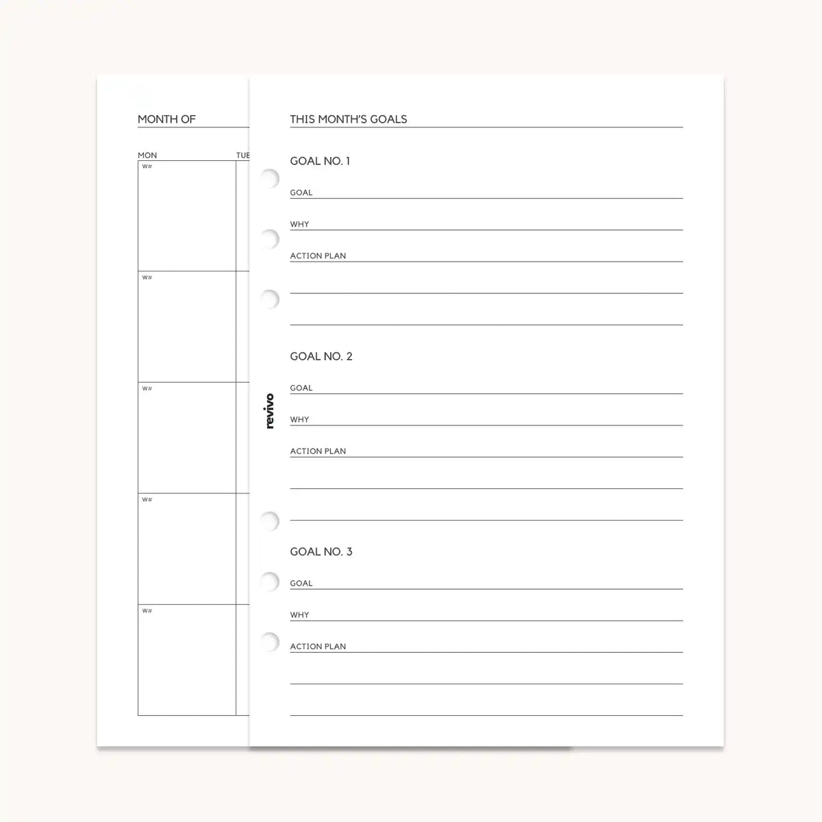 Two planner pages showing a glimpse of the monthly calendar on the left and one half of the monthly goal-setting pages.