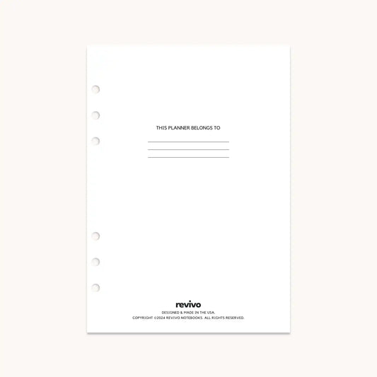 Minimalist planner cover page with a clean, elegant design and space to personalize with a name and contact details.