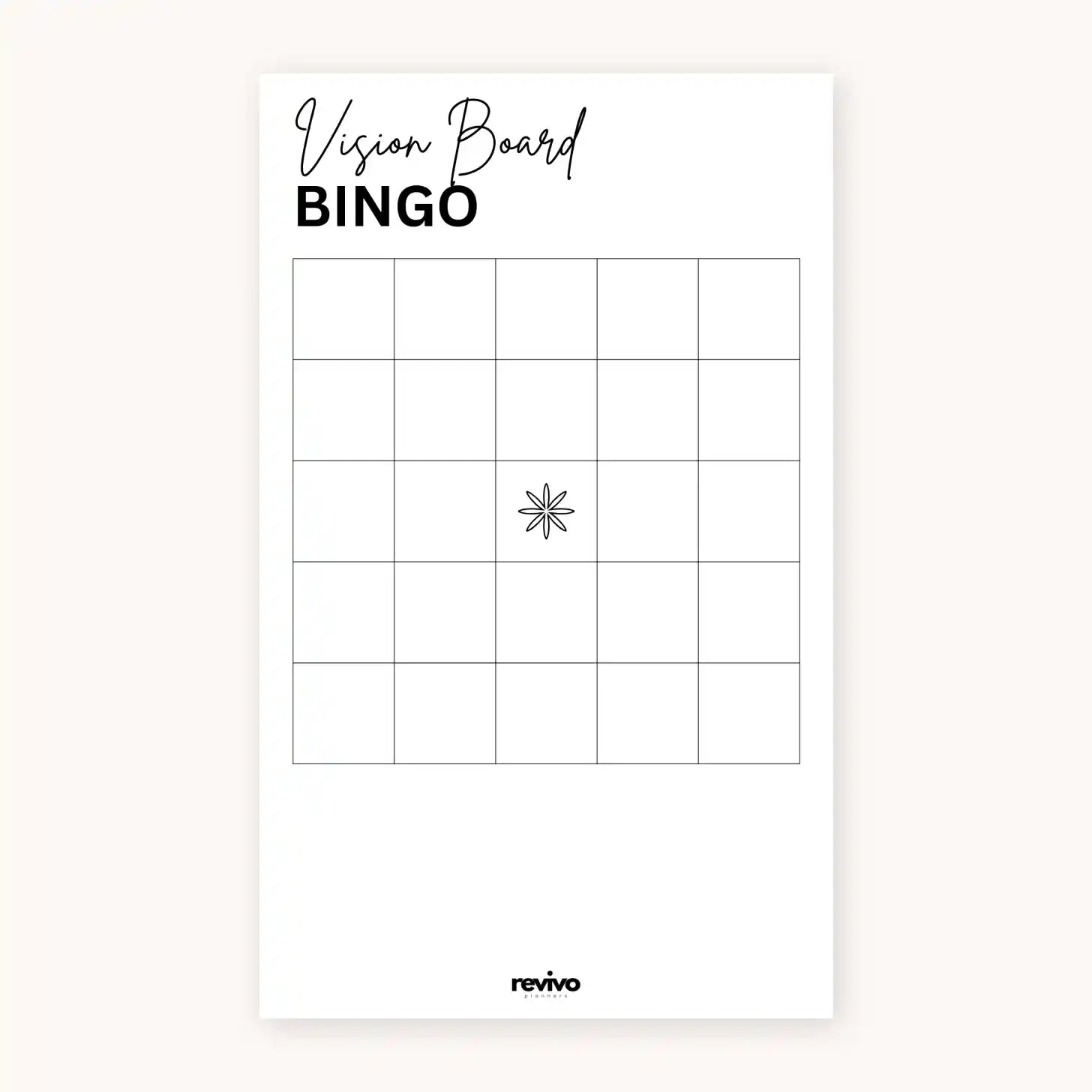 Vision Board Bingo sheet by Revivo Planners with grid and star symbol on a white background