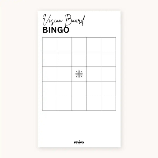 Vision Board Bingo sheet by Revivo Planners with grid and star symbol on a white background