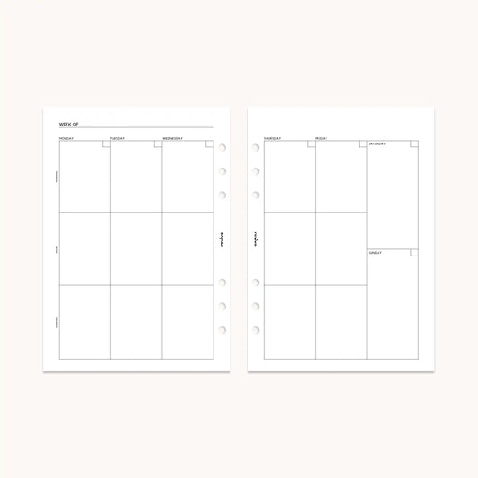 Weekly calendar page in a planner showing a spacious layout with columns for each day of the week, perfect for planning appointments and other daily tasks.